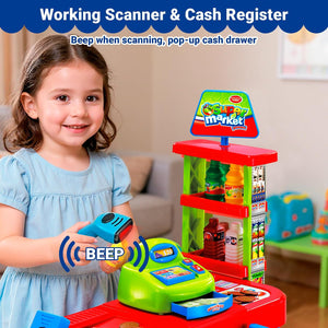 Supermarket Playset for Kids — Grocery Store Pretend Play with Toy Shopping Cart, Cash Register, Scanner & Play Food Accessories – Fun Gift for Ages 3+