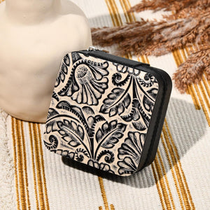 Western Jewelry Box Case Real Leather Black and Beige Embossed Tooled Travel Jewelry Organizer Gifts Christmas Gifts for Women Country Girls Cowgirl Stuff Portable Travel Accessories -Black