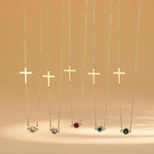 Cross Necklace for Women, Dainty 14K Gold Plated Cross Pendant Necklace Gold Cross Birthstone Necklace Tiny Sideway Cross Choker Necklace Trendy Christmas Gift for Women