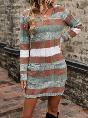 EMERY ROSE Color-Block Pattern Dual Pocket Sweater Dress Fall Winter Cloth for Women