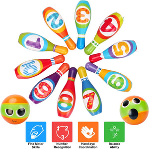 Kids Bowling Toy Set, Indoor Outdoor Activity Play Game Toys for Boy Girl, Soft 10 Foam Bowling Pins & 2 Balls, Educational Children Birthday Party Gifts