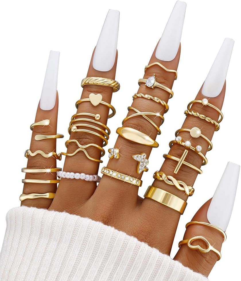 25 Pcs Gold Stackable Ring Set for Women, Chunky Knuckle Finger Midi Rings, Silver Simple Stacking Cute Rings Pack Trendy Stuff Jewelry Gift