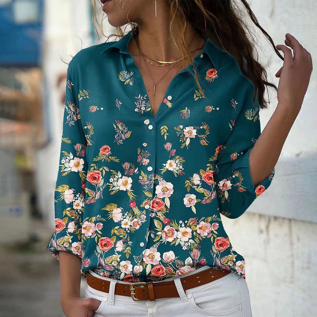 Women's Summer Shirt Digital Printing Plant Flower Pattern