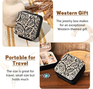 Western Jewelry Box Case Real Leather Black and Beige Embossed Tooled Travel Jewelry Organizer Gifts Christmas Gifts for Women Country Girls Cowgirl Stuff Portable Travel Accessories -Black