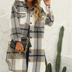Women'S Casual Wool Blend Long Plaid Shirt Jacket Button down Pocketed Shirt Shacket