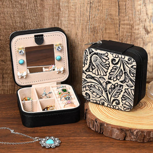 Western Jewelry Box Case Real Leather Black and Beige Embossed Tooled Travel Jewelry Organizer Gifts Christmas Gifts for Women Country Girls Cowgirl Stuff Portable Travel Accessories -Black
