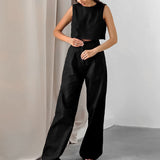 Women's Black Cotton And Linen Street Design Short Vest And Trousers Two-piece Set