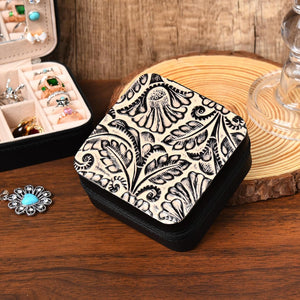Western Jewelry Box Case Real Leather Black and Beige Embossed Tooled Travel Jewelry Organizer Gifts Christmas Gifts for Women Country Girls Cowgirl Stuff Portable Travel Accessories -Black