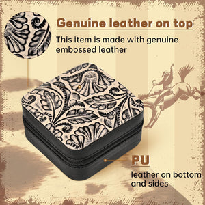 Western Jewelry Box Case Real Leather Black and Beige Embossed Tooled Travel Jewelry Organizer Gifts Christmas Gifts for Women Country Girls Cowgirl Stuff Portable Travel Accessories -Black