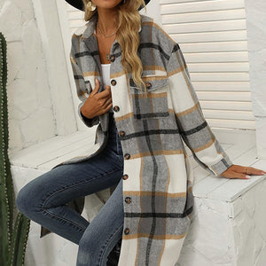 Women'S Casual Wool Blend Long Plaid Shirt Jacket Button down Pocketed Shirt Shacket