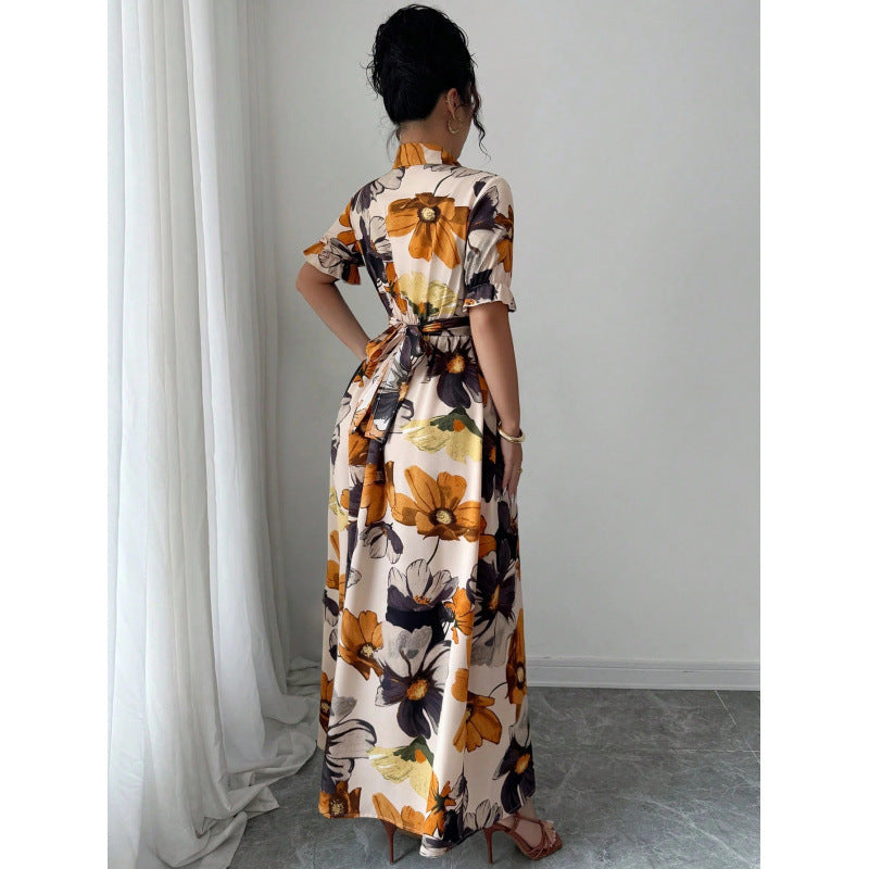 Womens Blouse-collar Puff-sleeve Cross-tie Waist Printed Dress