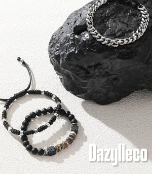 3Pc Mens Beaded Bracelets Silver Stainless Steel Chain Bracelet for Men Handmade Braided Bracelet Sets Jewelry Gifts for Men