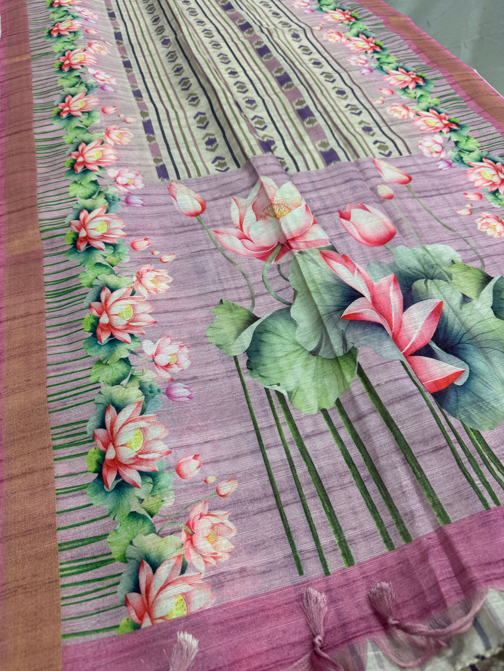 Rai | Off White & Lavender Ikkat Fusion Semi Tussar Saree