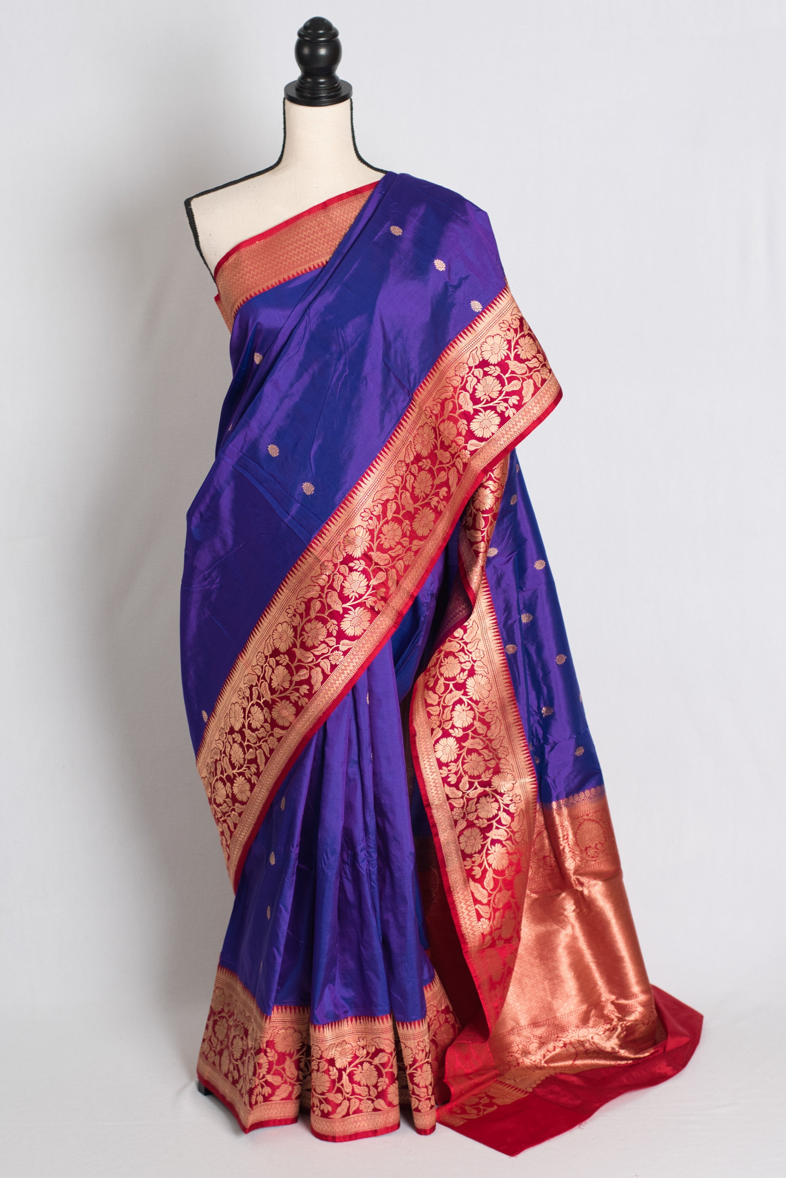 Devangana : Silk Mark Certified Blue and Red Katan Banarasi Silk Saree