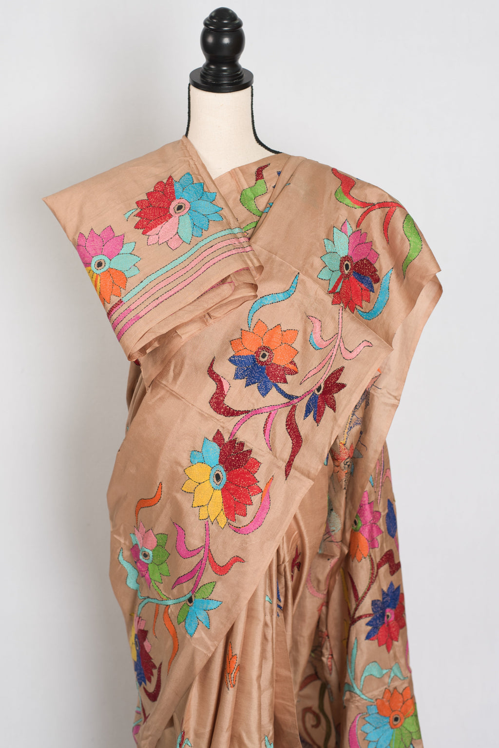 Malati: Silk Mark Certified Hand Embroidery Kantha Silk Saree in Brown