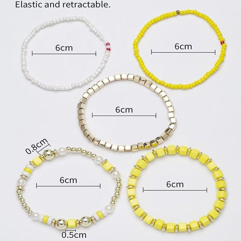 Colorful Layered Boho Bracelet for Women Yellow Black White Beaded Bracelet Set Statement Stretch Bracelet Birthday Party Friendship Jewelry