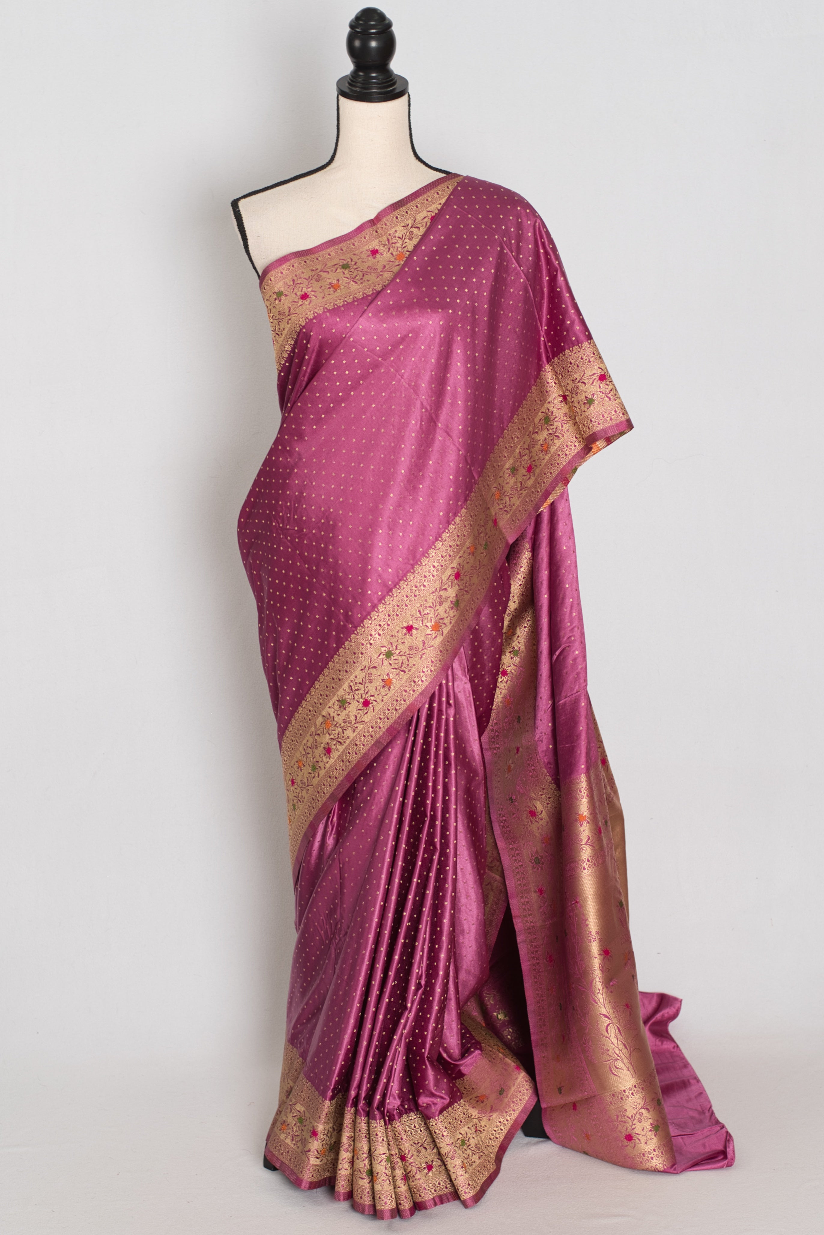 Indrani | Purplish Pink Semi Mashru Banarasi Saree | Pre-Stitched Size 36 Blouse