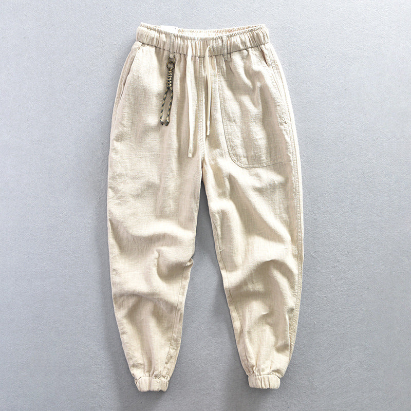 Mens Relaxed-fit Cotton-linen Casual Cropped Pants