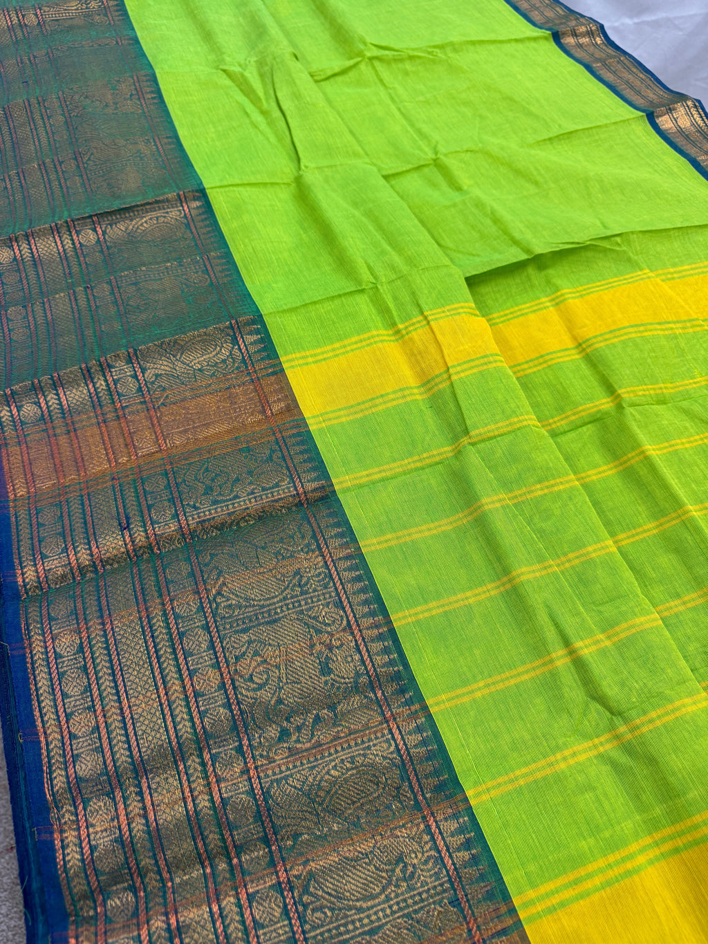 Nalini : Handwoven Kanchi Cotton Saree in Bright Green and Blue