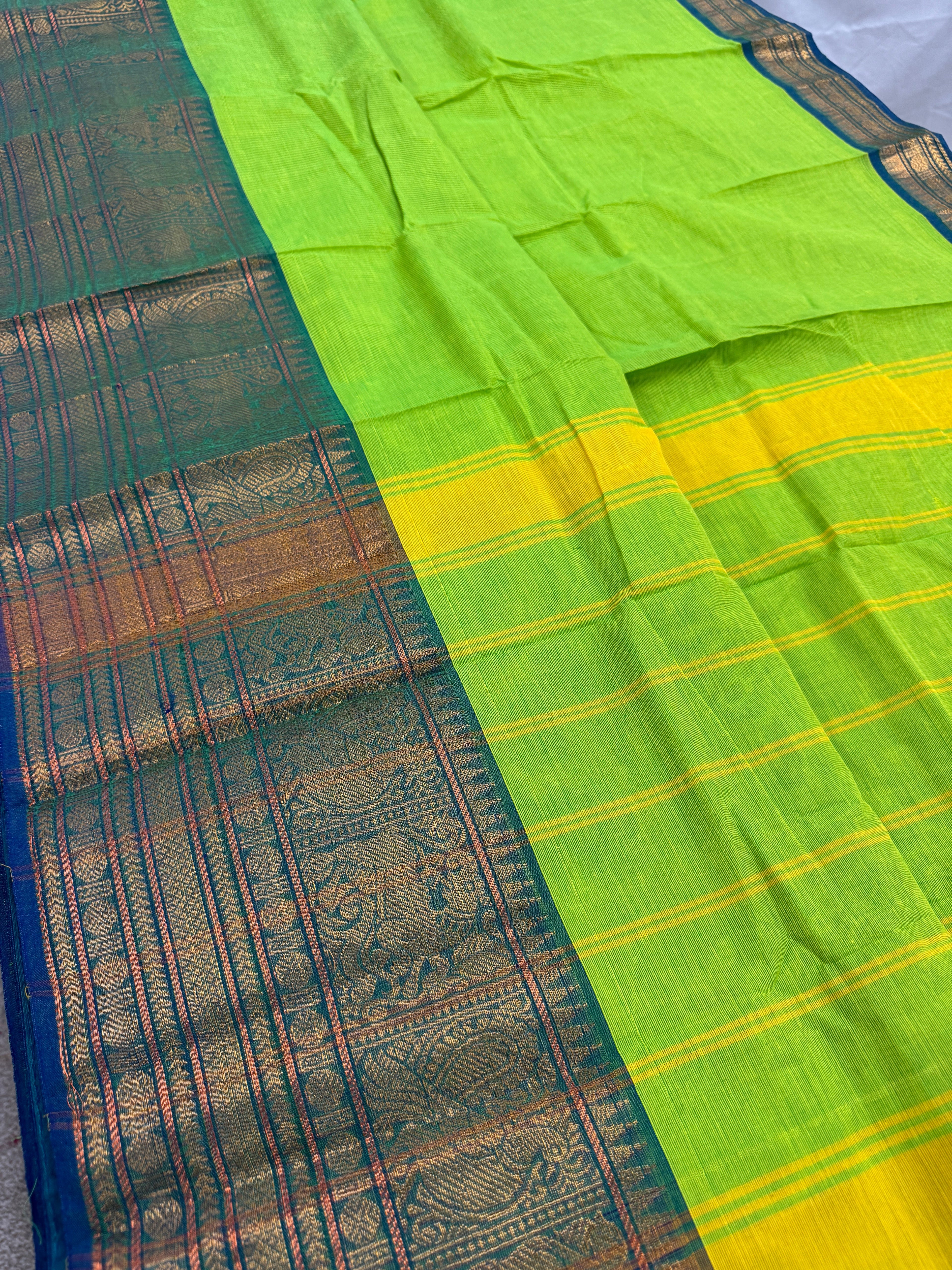 Nalini : Handwoven Kanchi Cotton Saree in Bright Green and Blue
