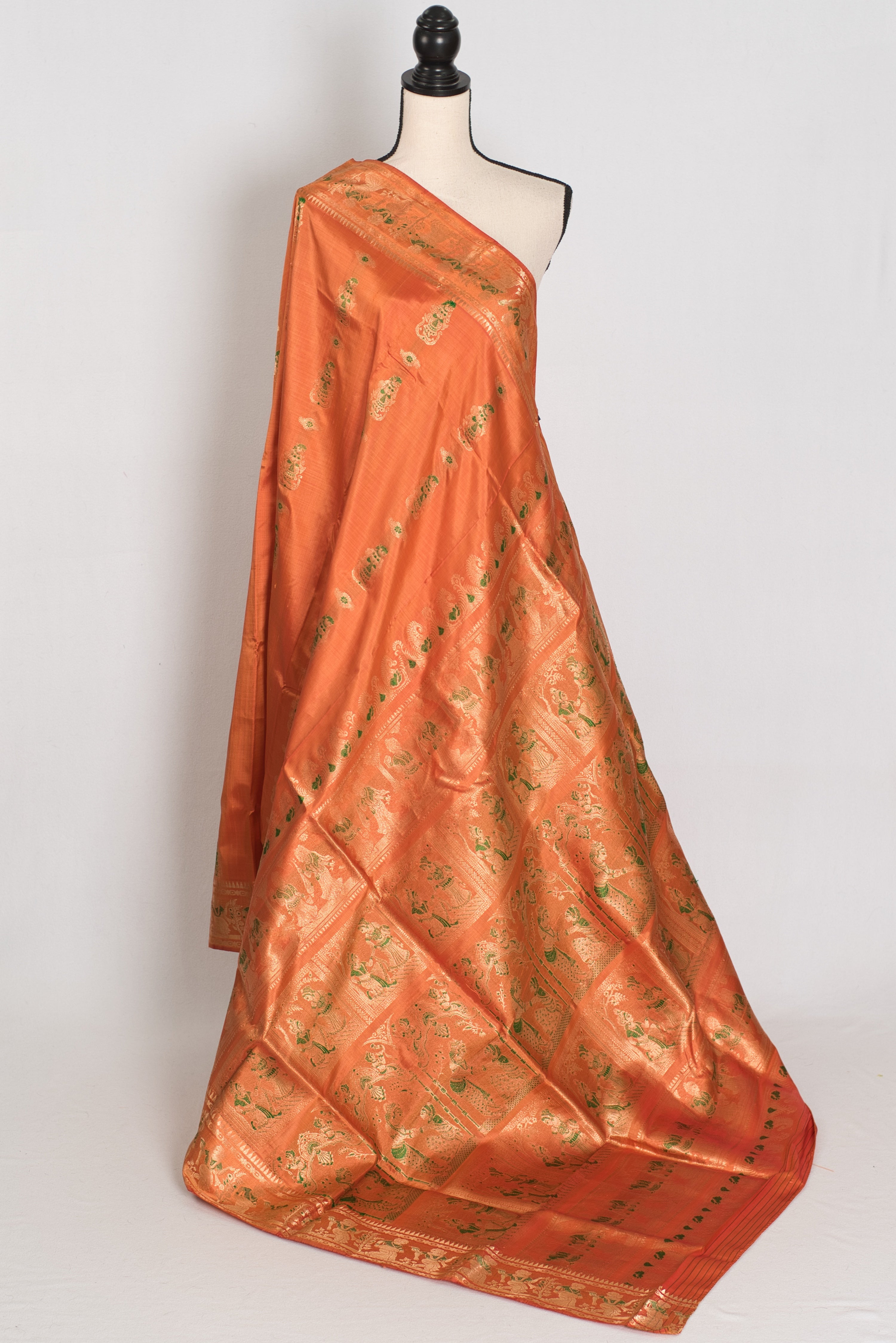 Gauri | Orange and Green Handwoven Bishnupuri Minakari Swarnachari Silk Saree