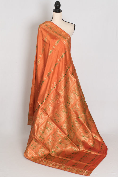 Gauri | Orange and Green Handwoven Bishnupuri Minakari Swarnachari Silk Saree