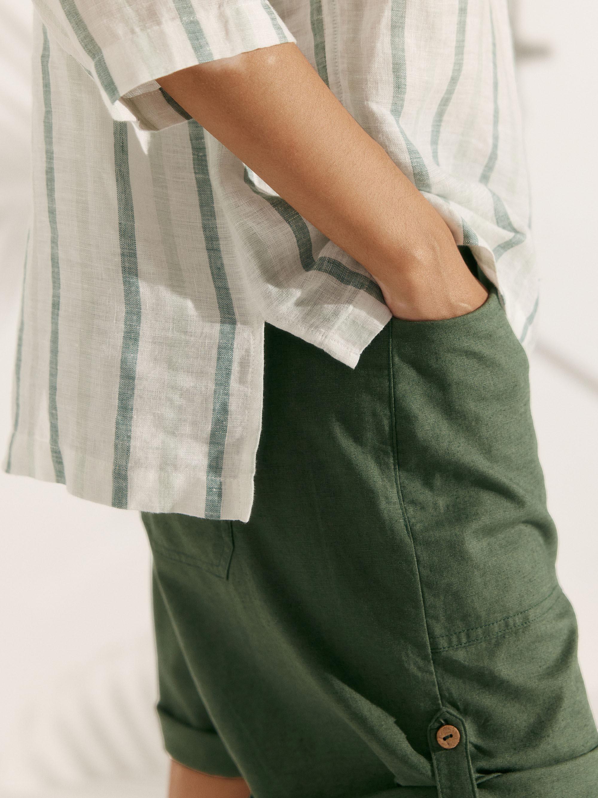 100% Linen Shawl V-Neck Half Sleeve Top JADE