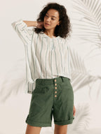 100% Linen Shawl V-Neck Half Sleeve Top JADE