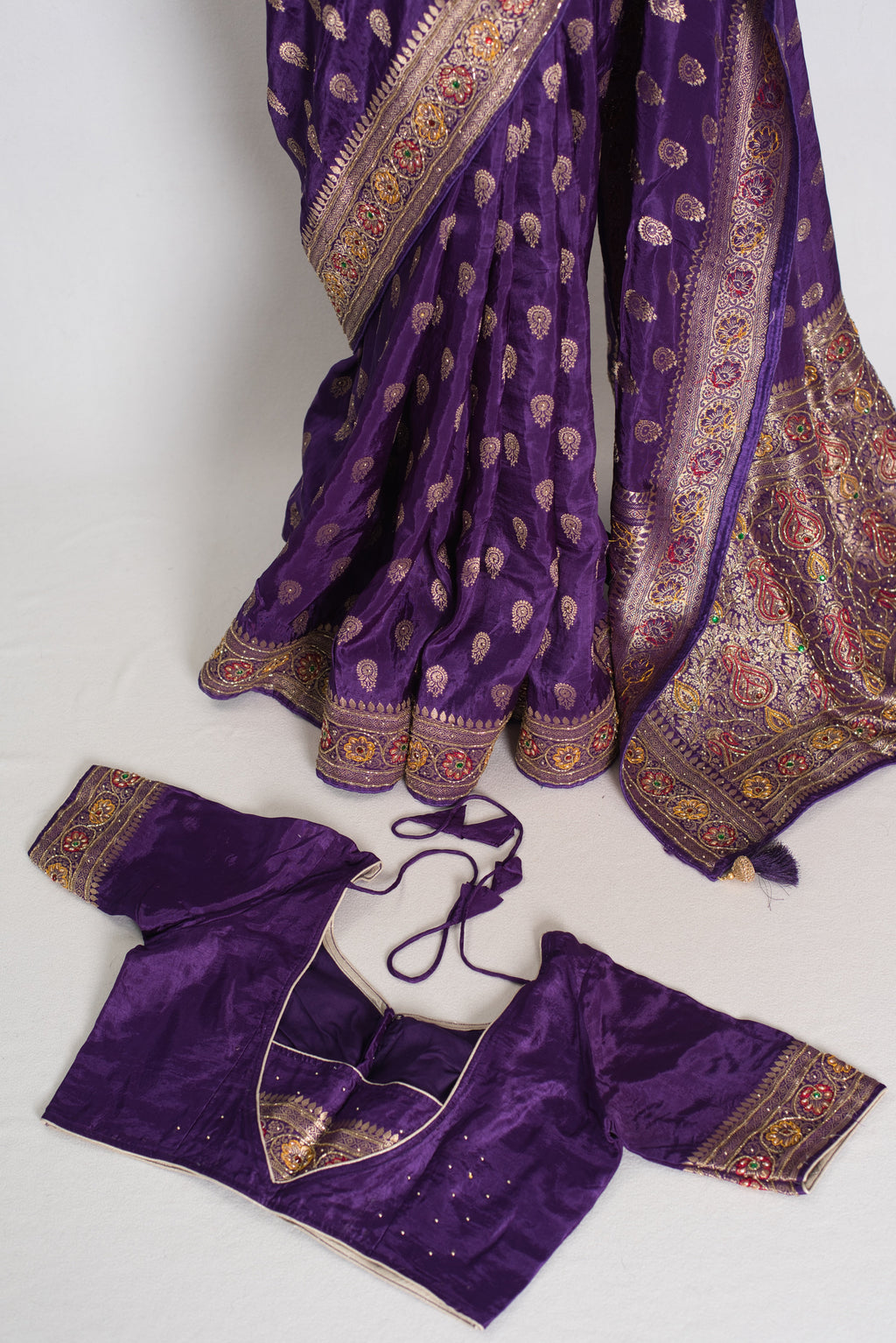 Priya : Purple and Gold Dola Silk Banarasi Saree with 40 Size Blouse