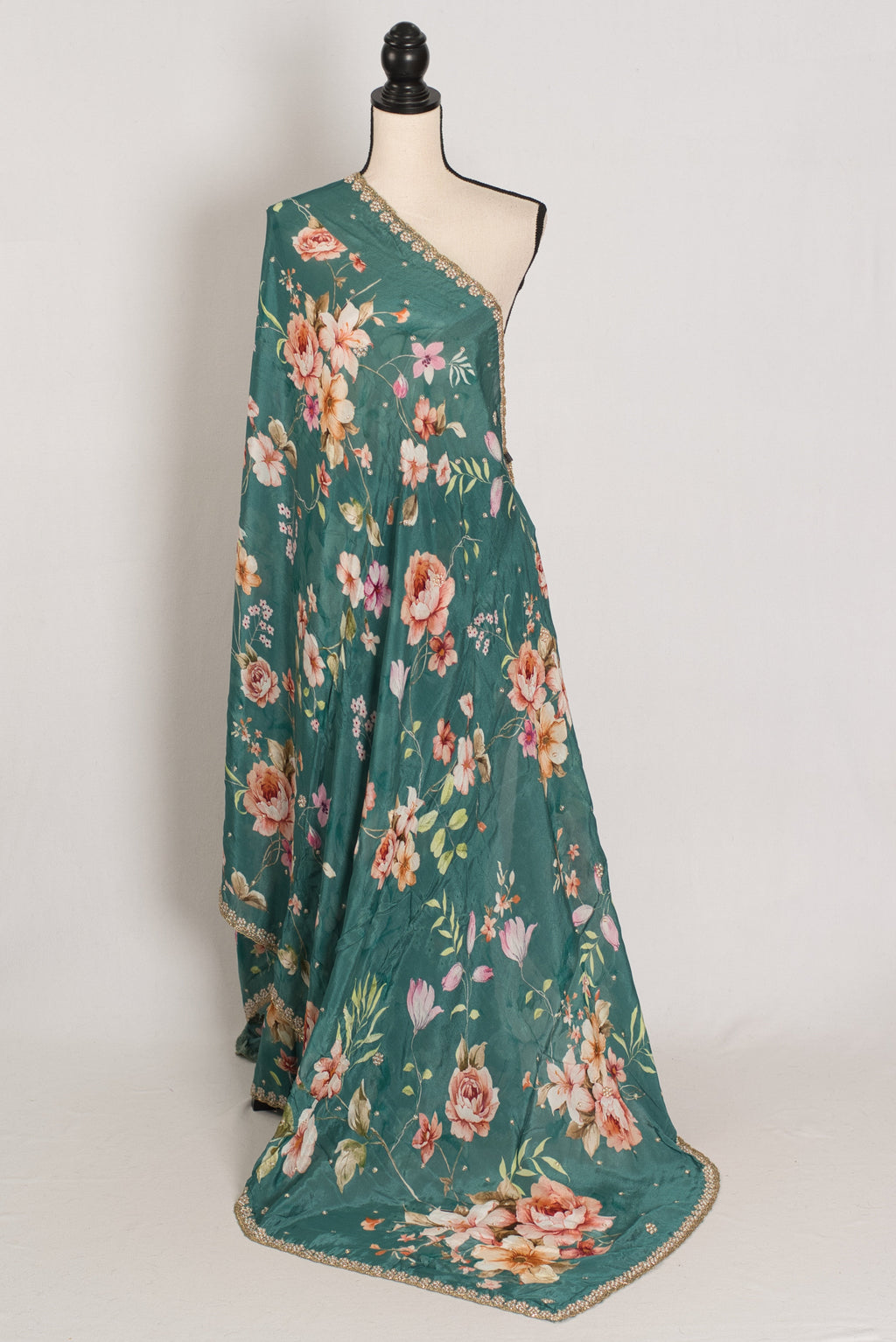Afrin: Teal Floral Chinon Crepe Saree with Hand-Embroidered Pearl Border