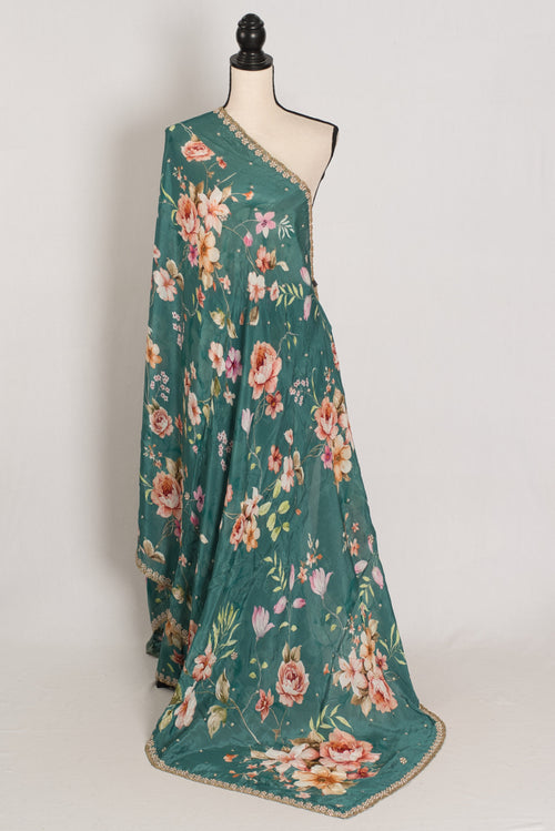 Afrin: Teal Floral Chinon Crepe Saree with Hand-Embroidered Pearl Border