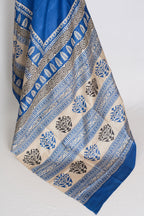 Mati Blue and White Hand Block Printed Tussar Silk Saree with 38 Size Blouse