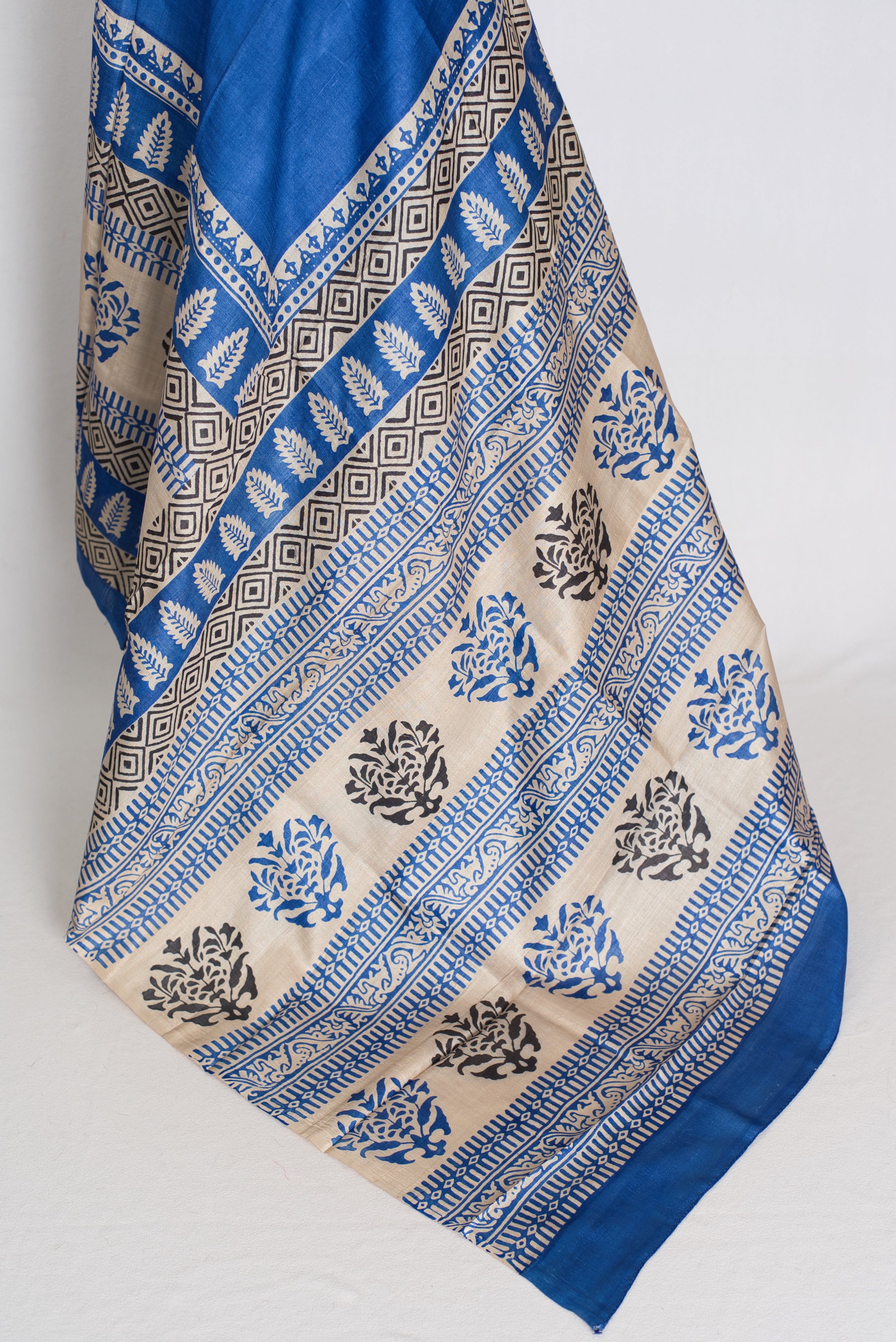 Mati Blue and White Hand Block Printed Tussar Silk Saree with 38 Size Blouse