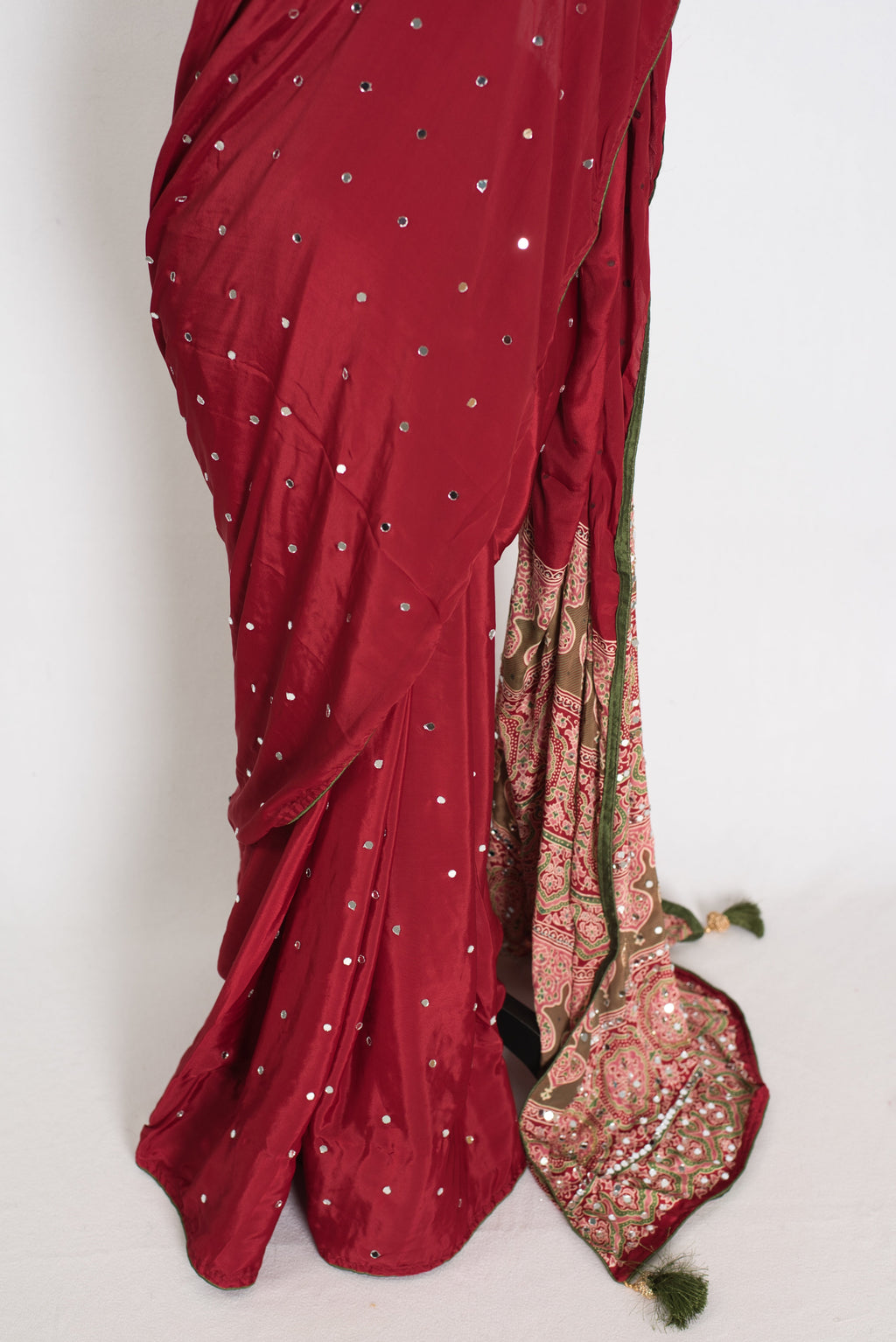 Mouli | Brick Red Mirror Work Partywear Ajrakh Saree | Soft Semi Modal Silk