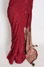 Mouli | Brick Red Mirror Work Partywear Ajrakh Saree | Soft Semi Modal Silk