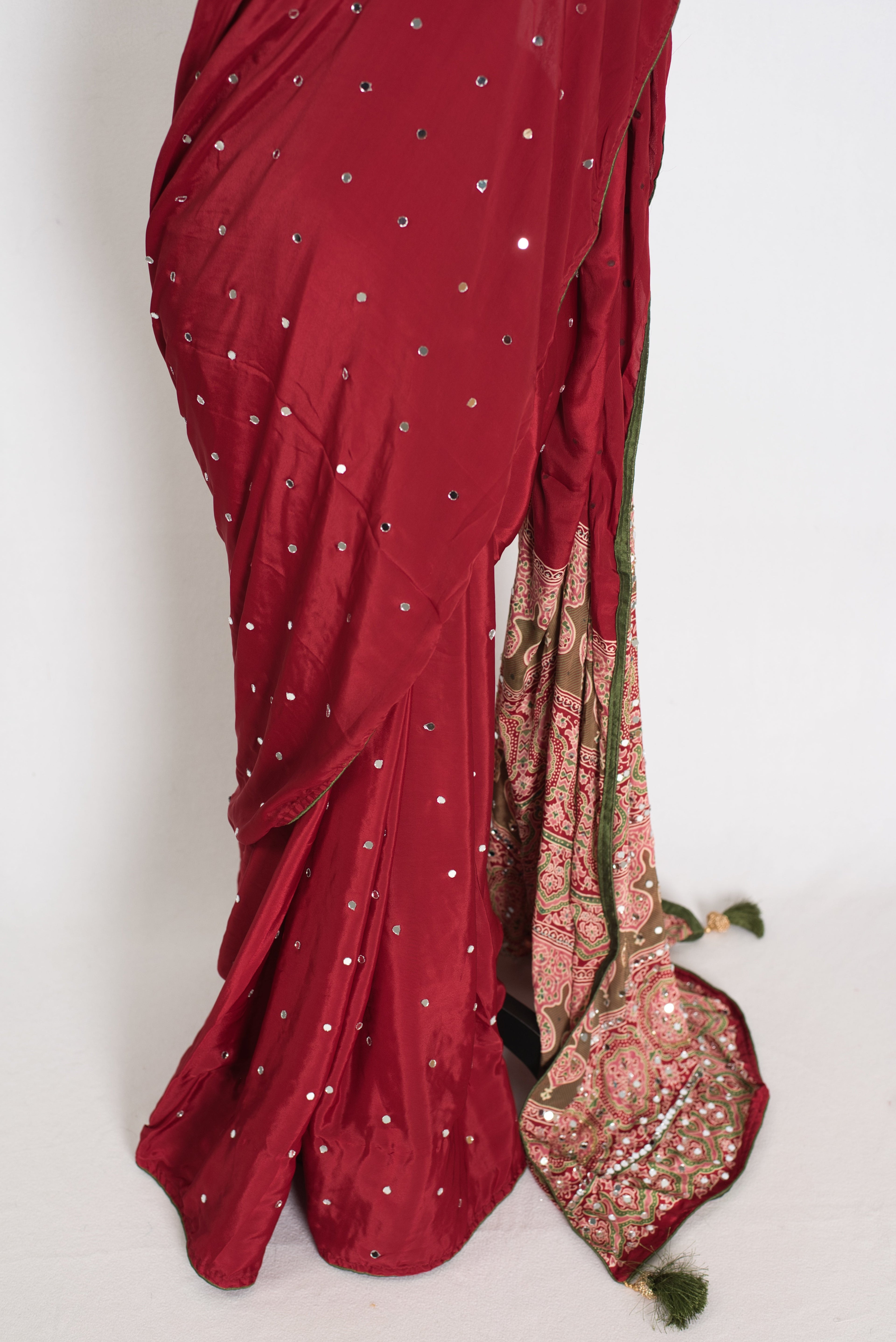 Mouli | Brick Red Mirror Work Partywear Ajrakh Saree | Soft Semi Modal Silk