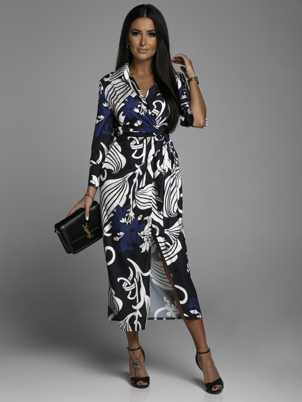 Women's V-neck Lace Up Fashion Printed Cardigan Long Sleeve Dress