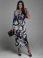 Women's V-neck Lace Up Fashion Printed Cardigan Long Sleeve Dress