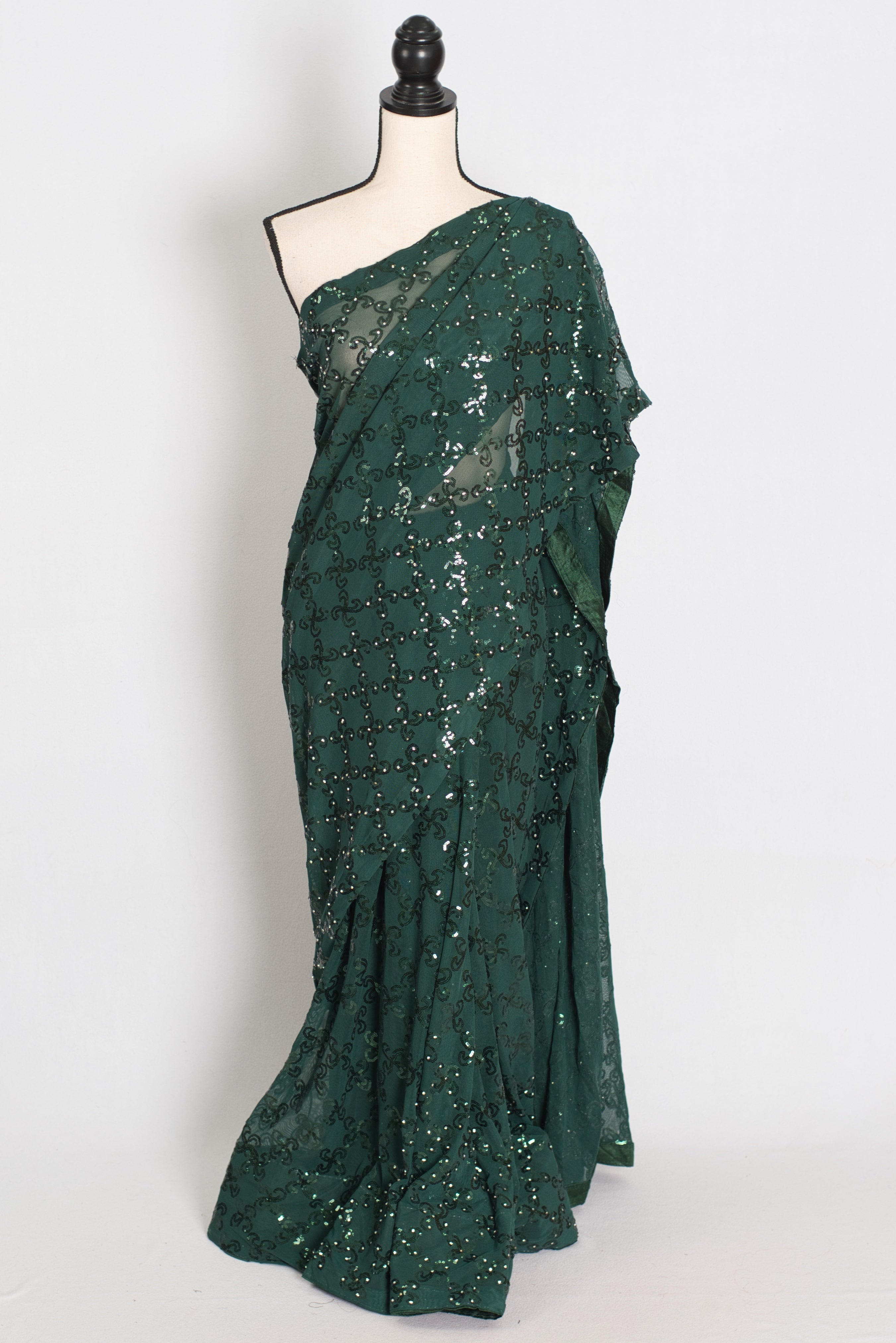 Heena | Dark Green Soft Net Sequin Saree | Bollywood Partywear
