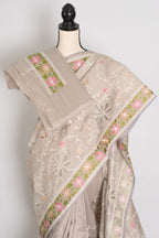 Sriti: Dove Grey Semi Tussar Silk Saree with Floral Cut Work Embroidery