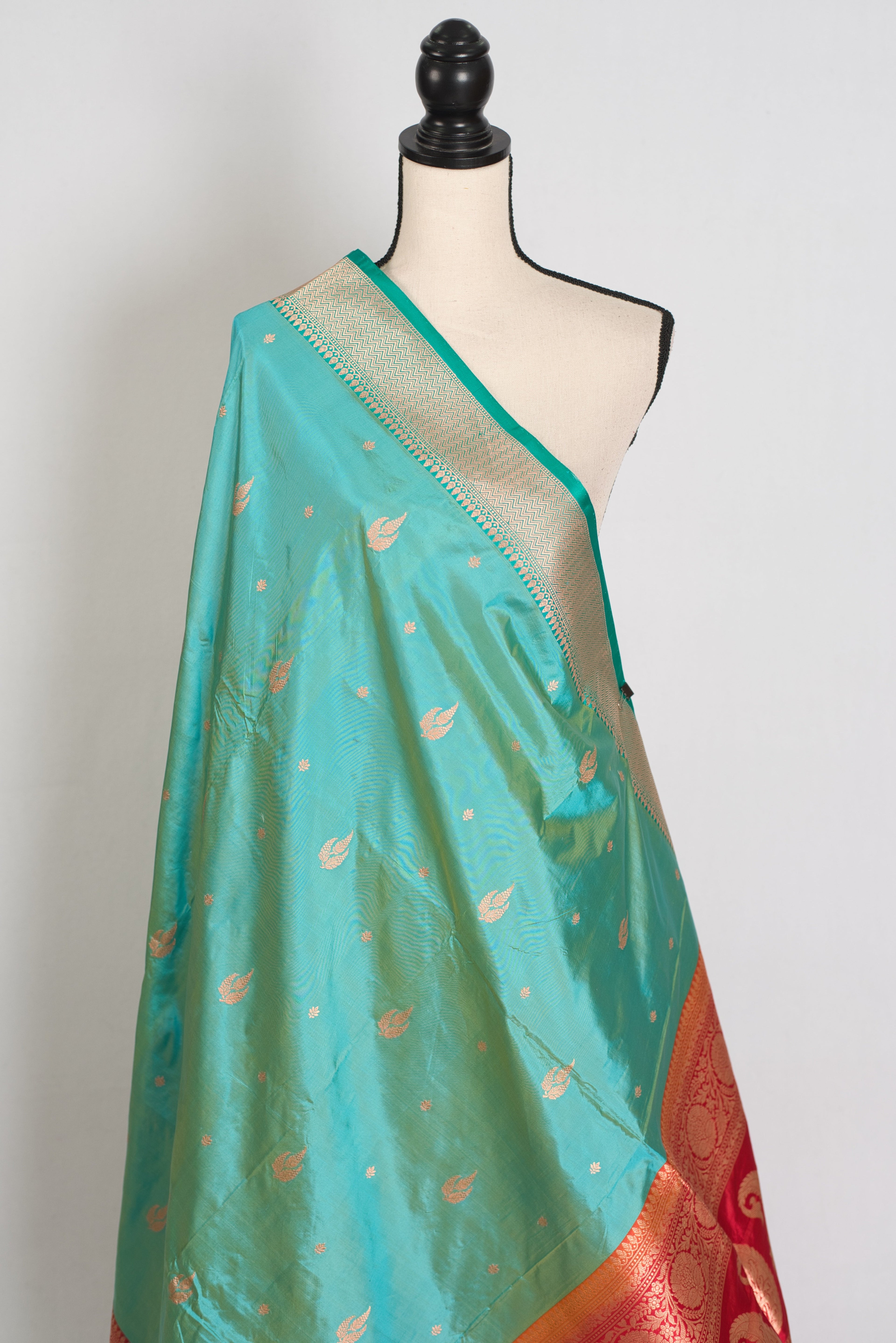 Nandini | Sea Green & Red Ganga Jamuna Border Banarasi Silk Saree