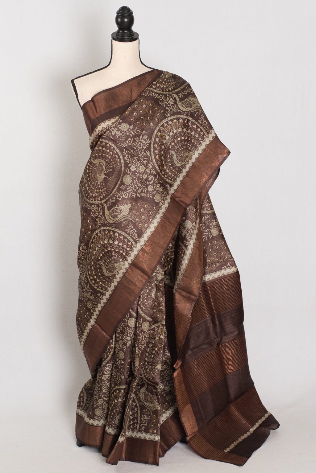 Kala | Earthy Brown Pure Tussar Silk Saree | Heritage Kalamkari Art Prints