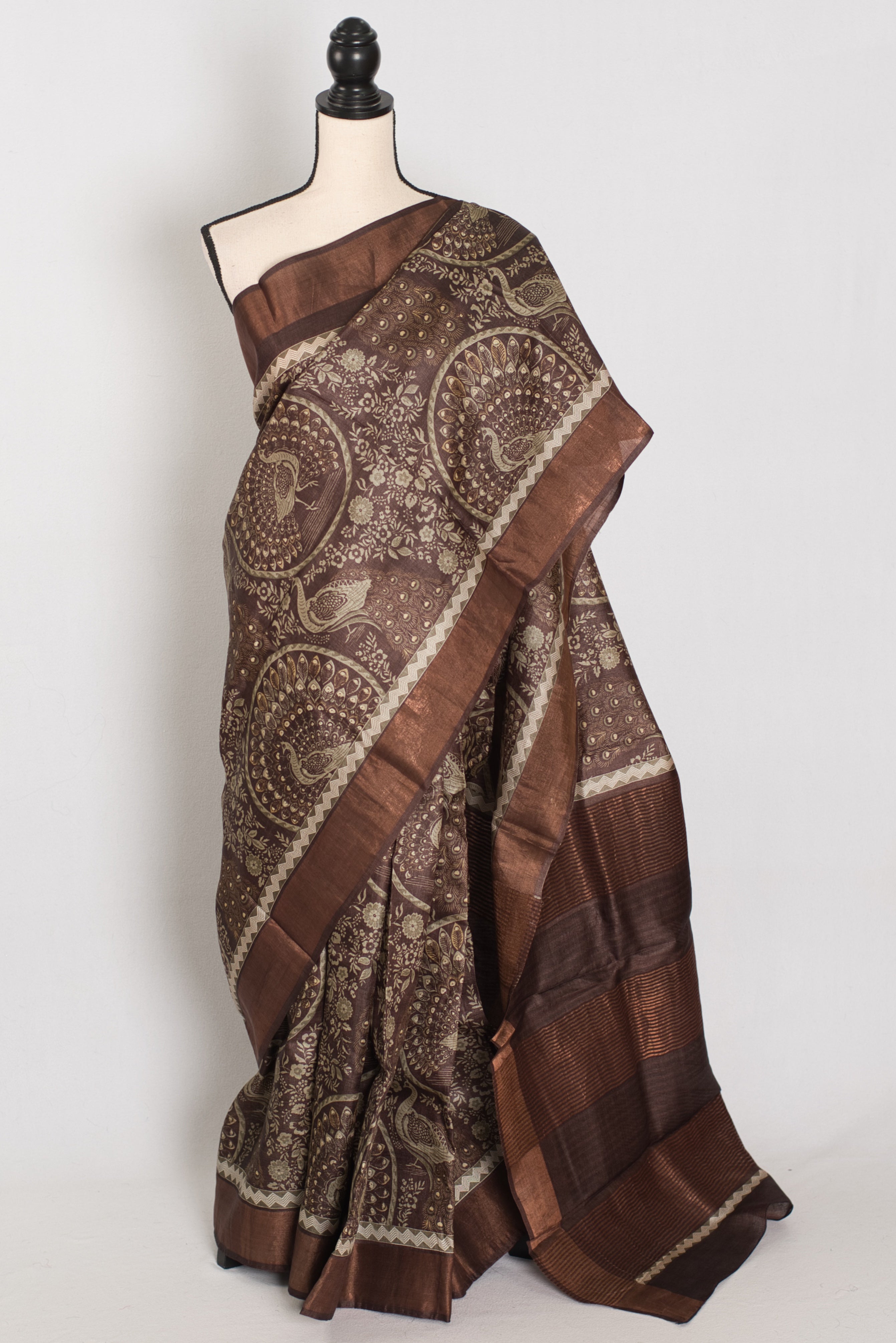 Kala | Earthy Brown Pure Tussar Silk Saree | Heritage Kalamkari Art Prints