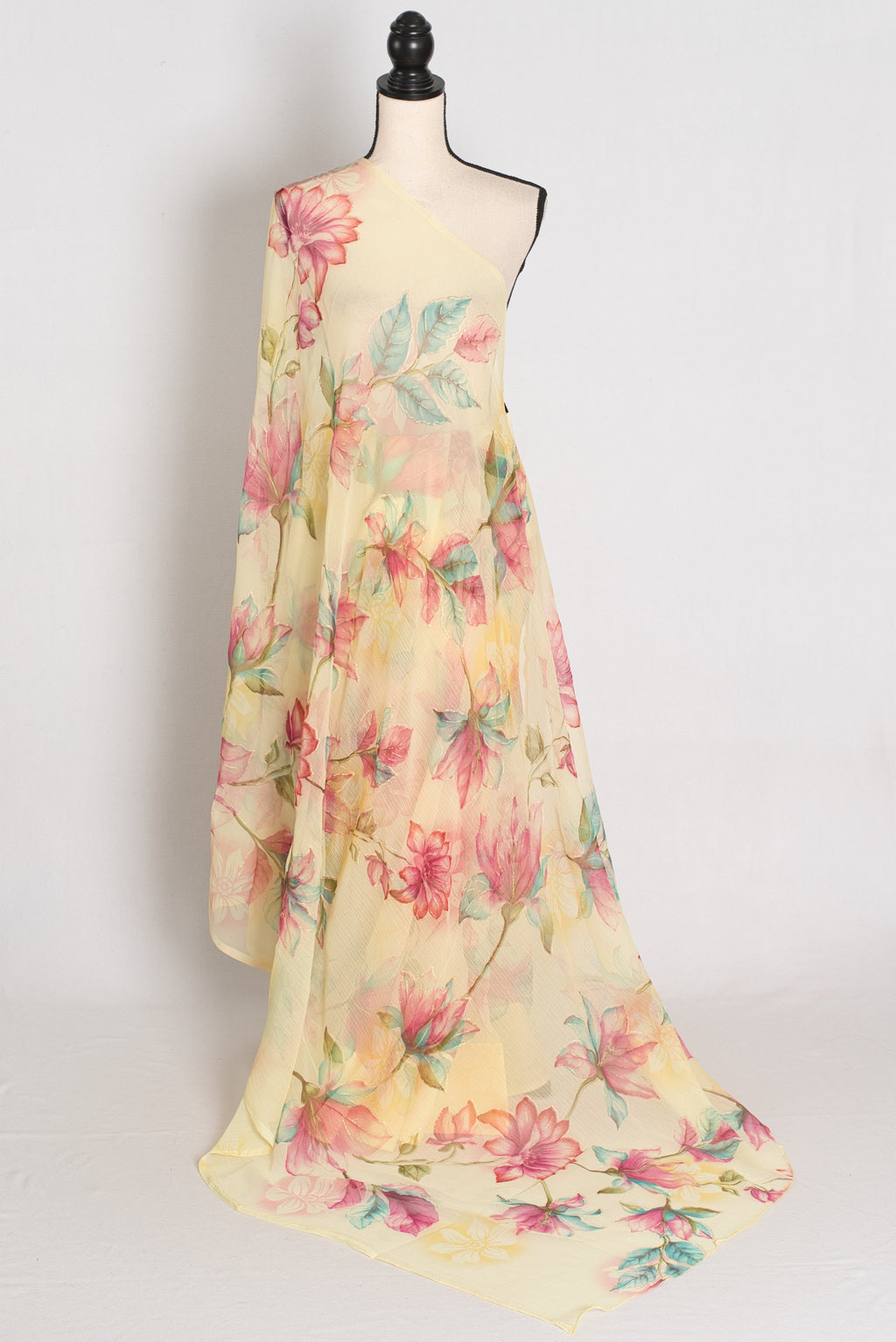 Sia : Light Yellow Floral Printed Chiffon Saree - Budget-Friendly Summer Drape