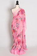 Mou : Bubble Gum Pink Floral Printed Chiffon Saree, Budget-Friendly Summer Drape