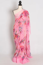 Mou : Bubble Gum Pink Floral Printed Chiffon Saree, Budget-Friendly Summer Drape