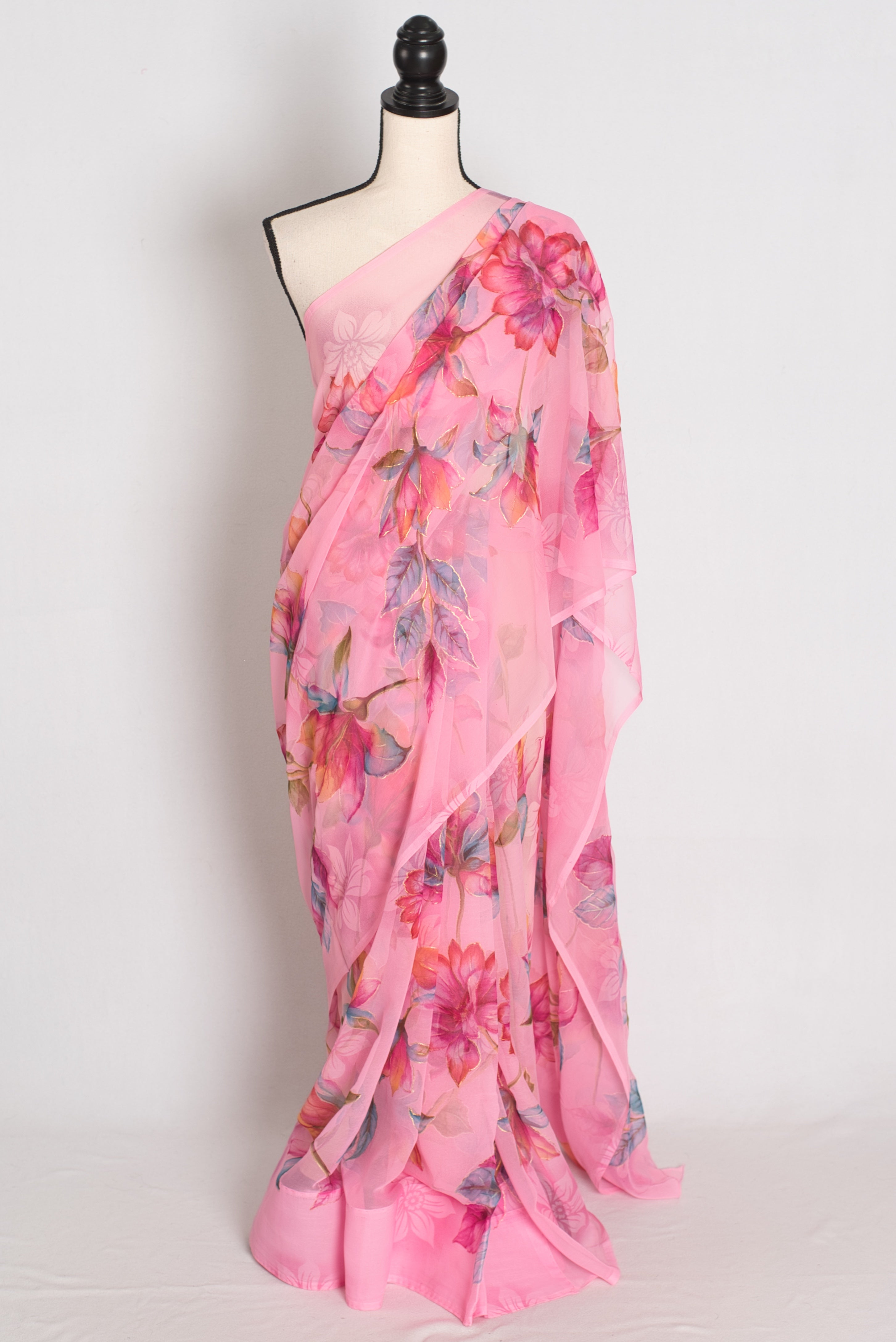 Mou : Bubble Gum Pink Floral Printed Chiffon Saree, Budget-Friendly Summer Drape