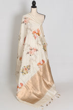 Sheuli : Ivory White Floral Printed Banarasi Katan Silk Saree