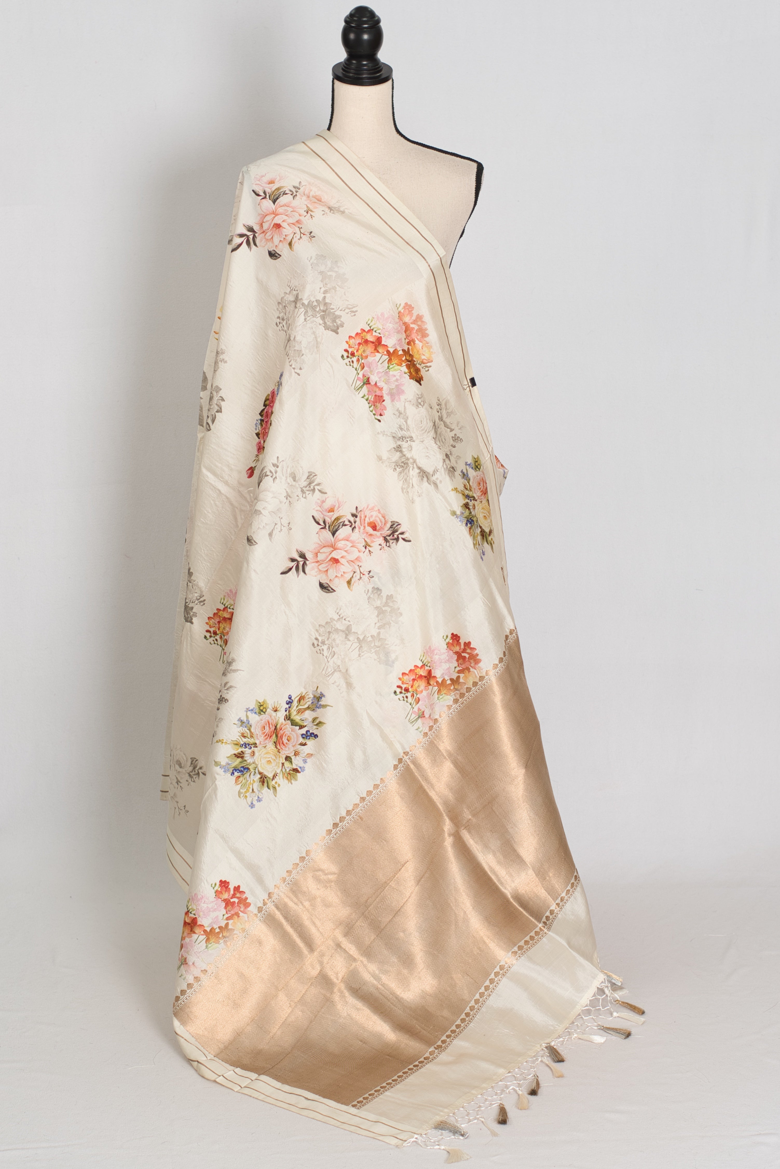 Sheuli : Ivory White Floral Printed Banarasi Katan Silk Saree