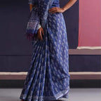 Indian Traditional Thin Deep Blue Printed Cotton and Linen Sari